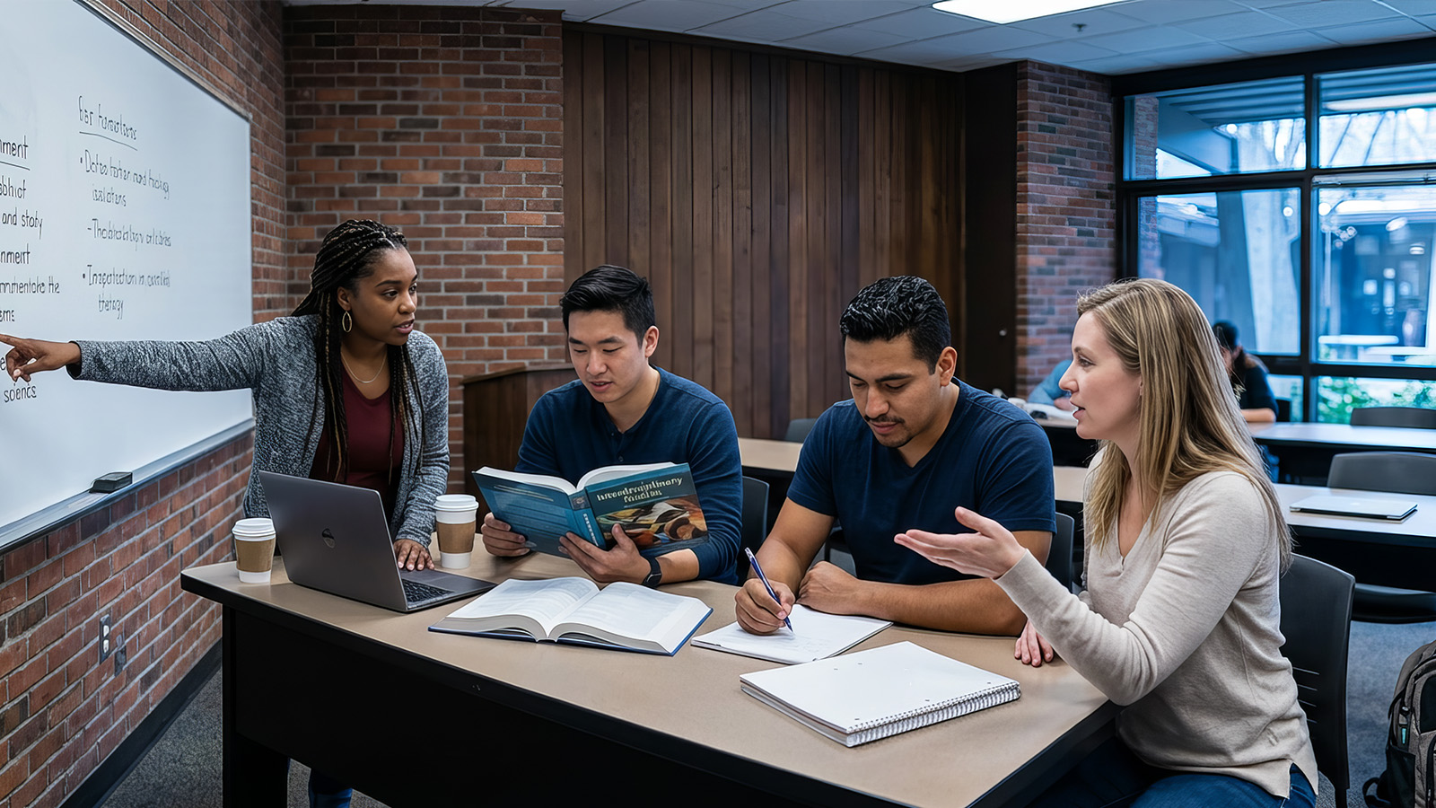 Instructor guiding a small group of college students in a classroom, pointing to the board while students review notes and discuss course material.